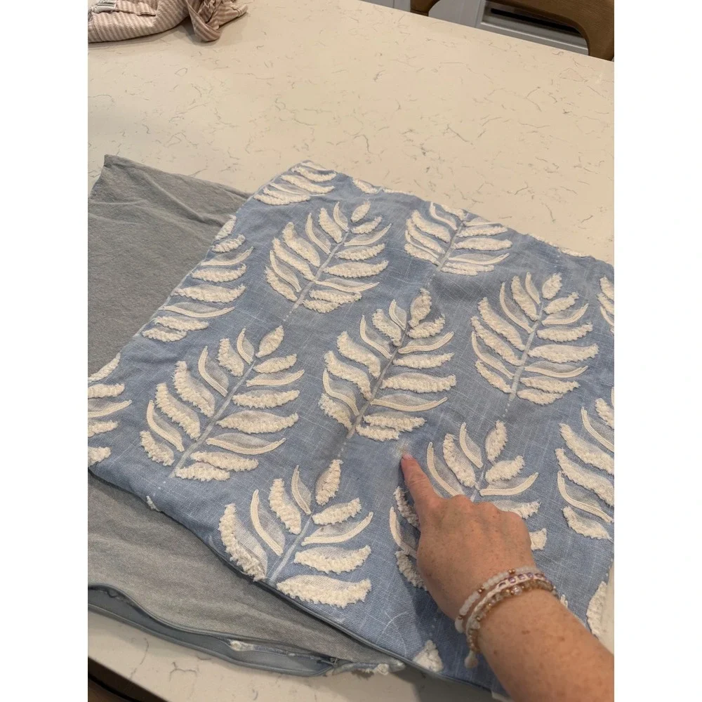 Set of 2 Blue White Tufted Leaf Throw Pillow Covers Square Coastal Farmhouse